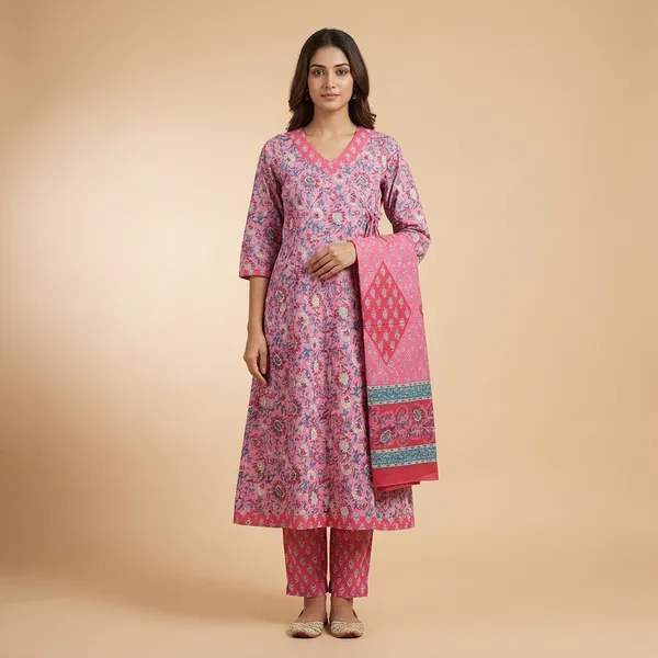 Pink_Floral_Print_Cotton_Anarkali_Kurta_Set_With_Dupatta_For_Women