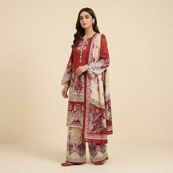 Maroon_Floral_Print_Cotton_Pakistani_3-Piece_Suit_Set_With_Dupatta_For_Women