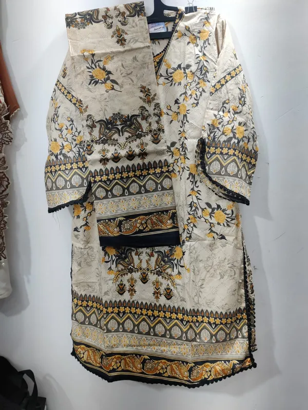 Cream_Yellow_Floral_Print_Cotton_Pakistani_Suit_Set_With_Dupatta_For_Women