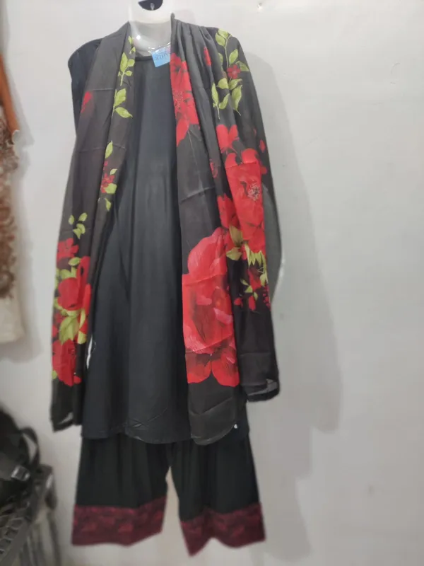 Black_Cotton_Embroidered_Kurta_With_Farshi_Pants_And_Dupatta_For_Women