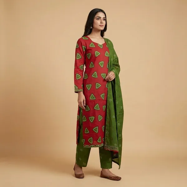 Green_Red_Bandhani_Print_Cotton_Salwar_Suit_Set_For_Women