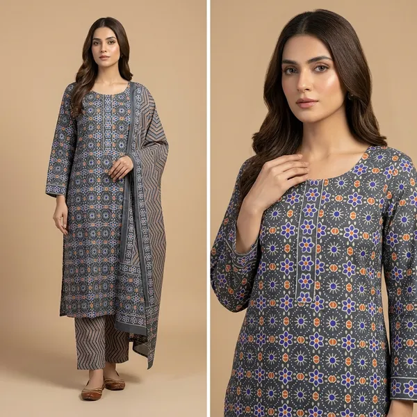 Grey_Geometric_Floral_Print_Cotton_Straight_Kurta_Pant_Set_With_Dupatta_For_Women