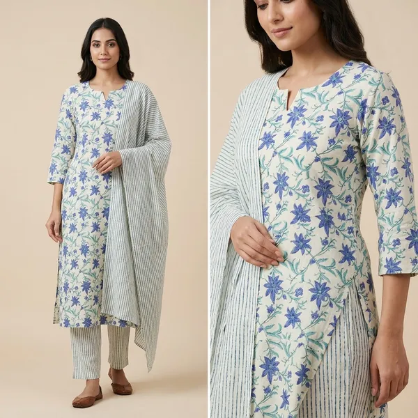 Off_White_Blue_Floral_Print_Cotton_Kurta_Set_With_Dupatta_For_Women