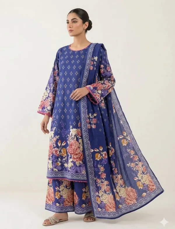 Navy_Blue_Floral_Print_Cotton_Pakistani_Suit_Set_With_Dupatta_For_Women