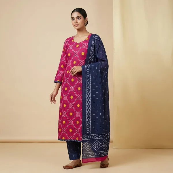 Dark_Pink_Navy_Blue_Bandhani_Print_Cotton_Salwar_Suit_Set_With_Dupatta_For_Women