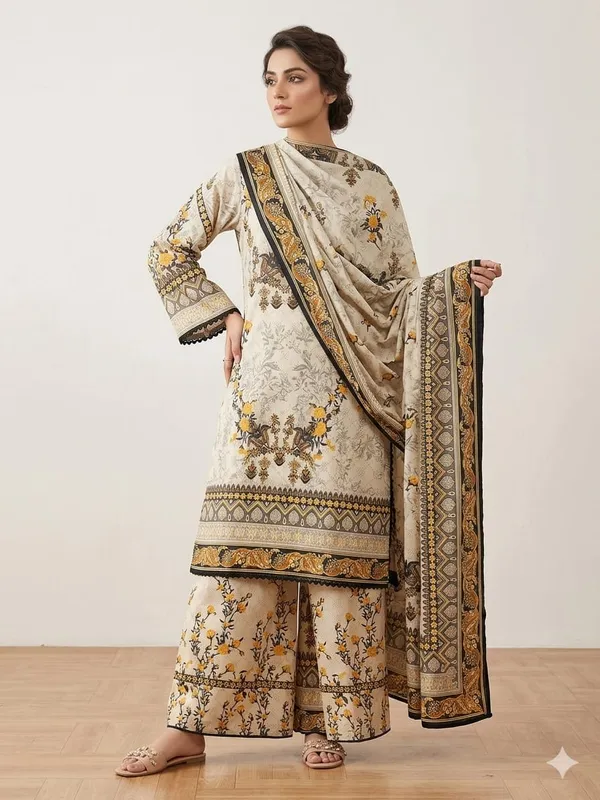 Cream_Yellow_Floral_Print_Cotton_Pakistani_Suit_Set_With_Dupatta_For_Women