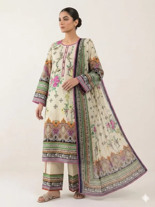 Multicolor_Floral_Print_Cotton_Pakistani_Lawn_3-Piece_Suit_Set_For_Women