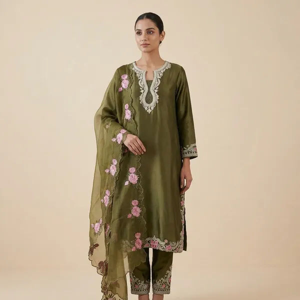Olive_Green_Floral_Embroidered_Satin_Silk_Farshi_Kurta_Set_With_Dupatta_For_Women
