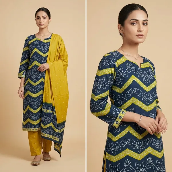 Blue_And_Yellow_Bandhani_Print_Cotton_Kurta_Pant_Set_With_Dupatta_For_Women