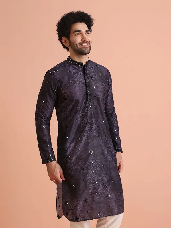 Dark_Blue_Silk_Blend_Printed_A-Line_Kurta_And_Purple_Silk_Blend_Printed_A-Line_Kurta_For_Men_(Pack_Of_2)