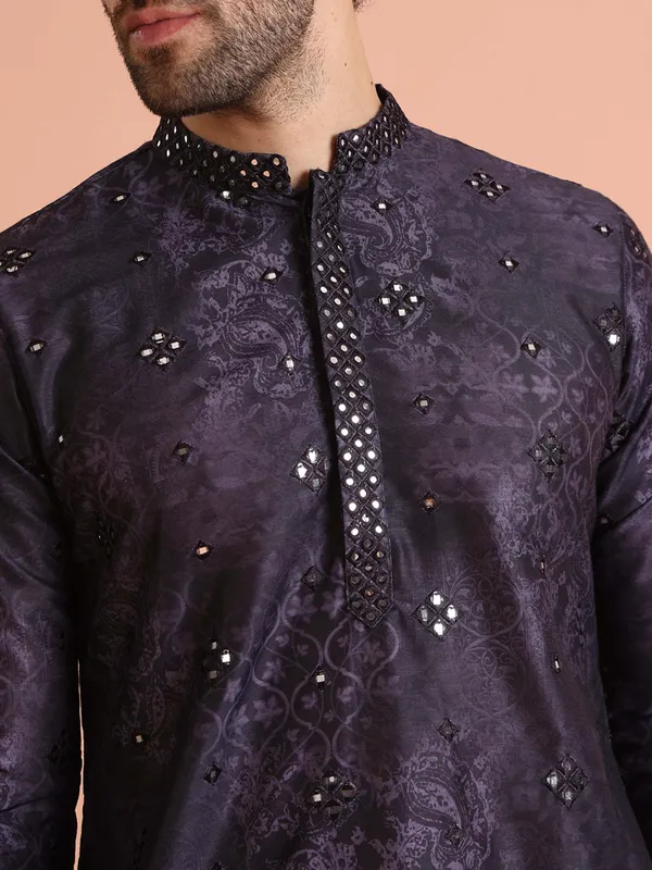 Dark_Blue_Silk_Blend_Printed_A-Line_Kurta_And_Purple_Silk_Blend_Printed_A-Line_Kurta_For_Men_(Pack_Of_2)