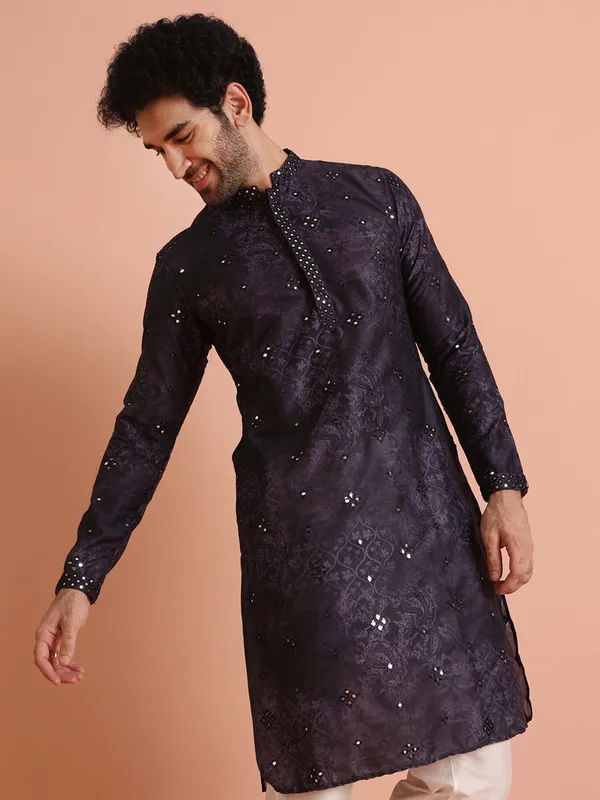 Dark_Blue_Silk_Blend_Printed_A-Line_Kurta_And_Purple_Silk_Blend_Printed_A-Line_Kurta_For_Men_(Pack_Of_2)