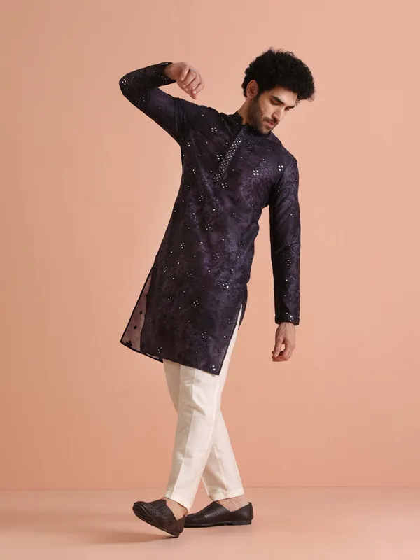 Dark_Blue_Silk_Blend_Printed_A-Line_Kurta_For_Men