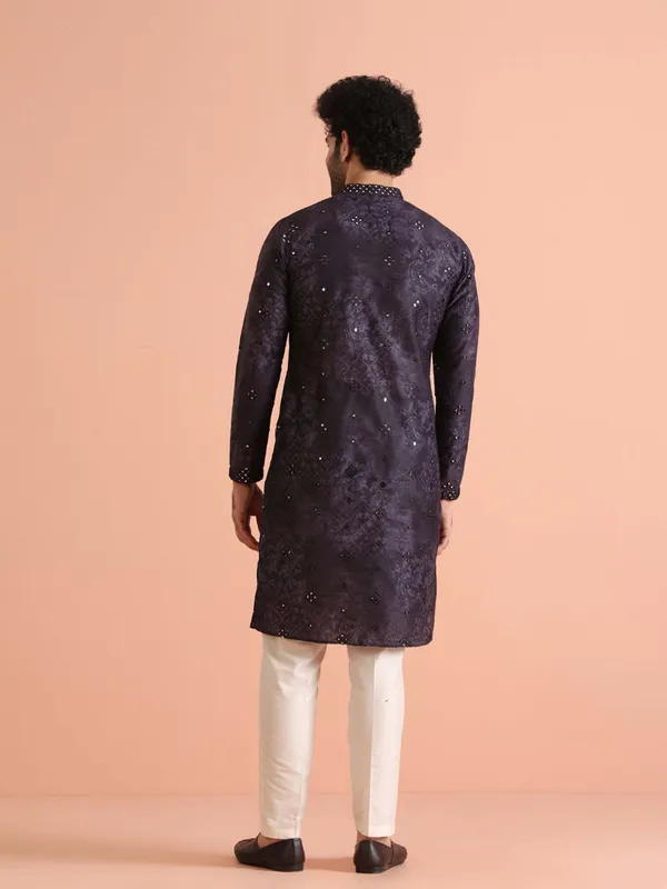 Dark_Blue_Silk_Blend_Printed_A-Line_Kurta_For_Men