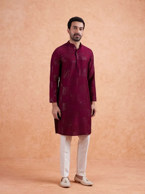 Maroon_Silk_Blend_Printed_A-Line_Kurta_For_Men