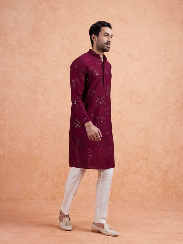 Maroon_Silk_Blend_Printed_A-Line_Kurta_For_Men