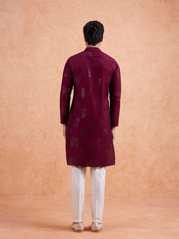 Maroon_Silk_Blend_Printed_A-Line_Kurta_For_Men