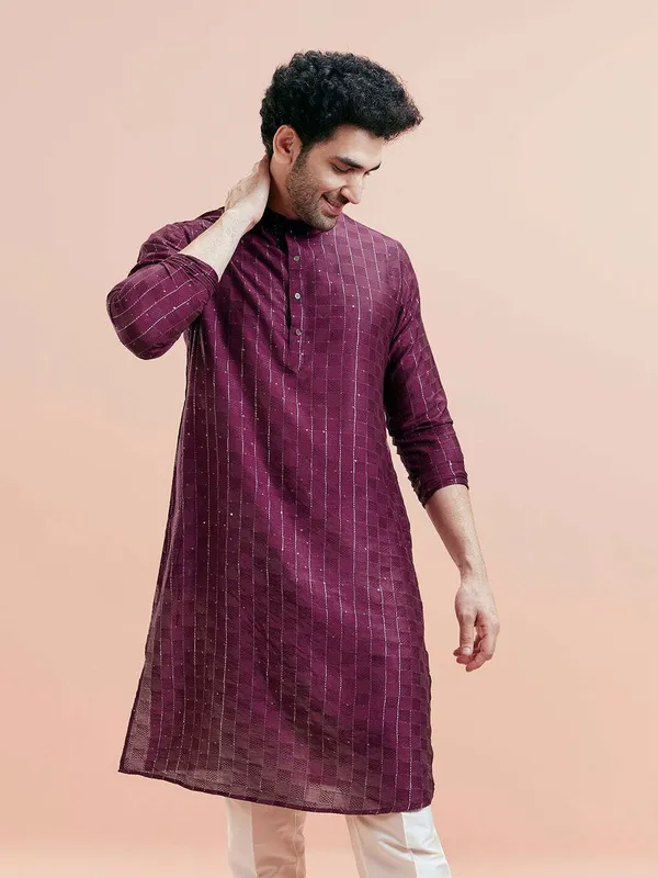 Purple_Silk_Blend_Printed_A-Line_Kurta_For_Men