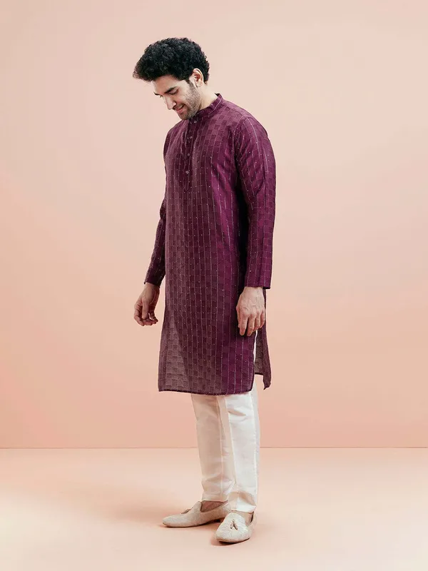 Purple_Silk_Blend_Printed_A-Line_Kurta_For_Men