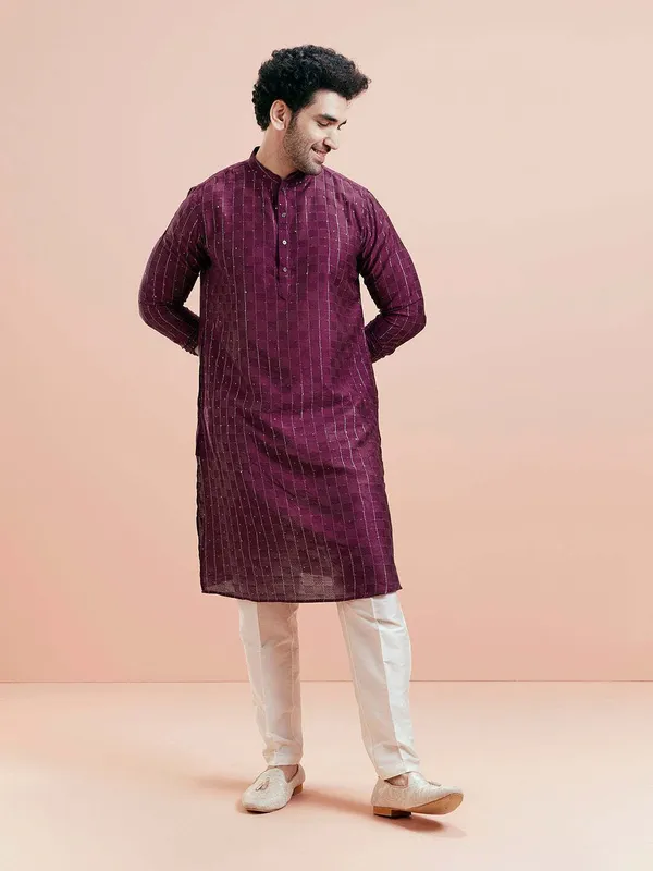 Purple_Silk_Blend_Printed_A-Line_Kurta_For_Men
