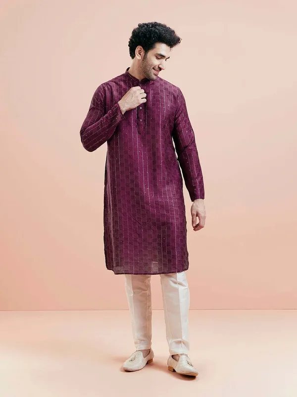 Purple_Silk_Blend_Printed_A-Line_Kurta_For_Men
