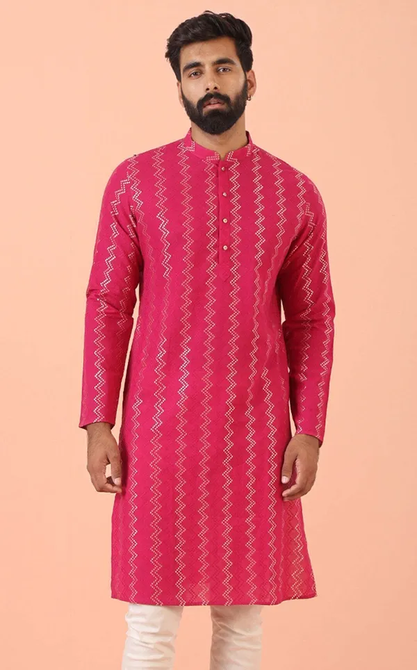 Pink_Cotton_Blend_Printed_A-Line_Kurta_And_Olive_Green_Cotton_Blend_Printed_A-Line_Kurta_For_Men_(Pack_Of_2)