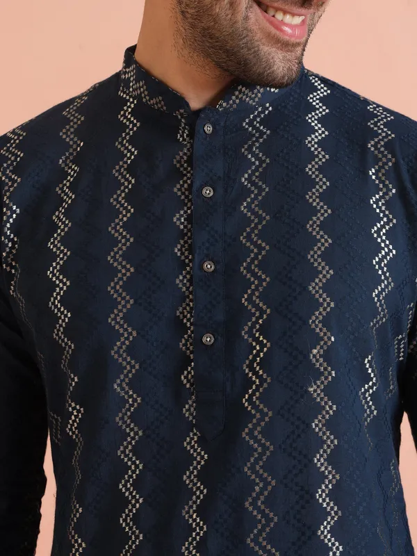 Dark_Blue_Cotton_Blend_Printed_A-Line_Kurta_For_Men