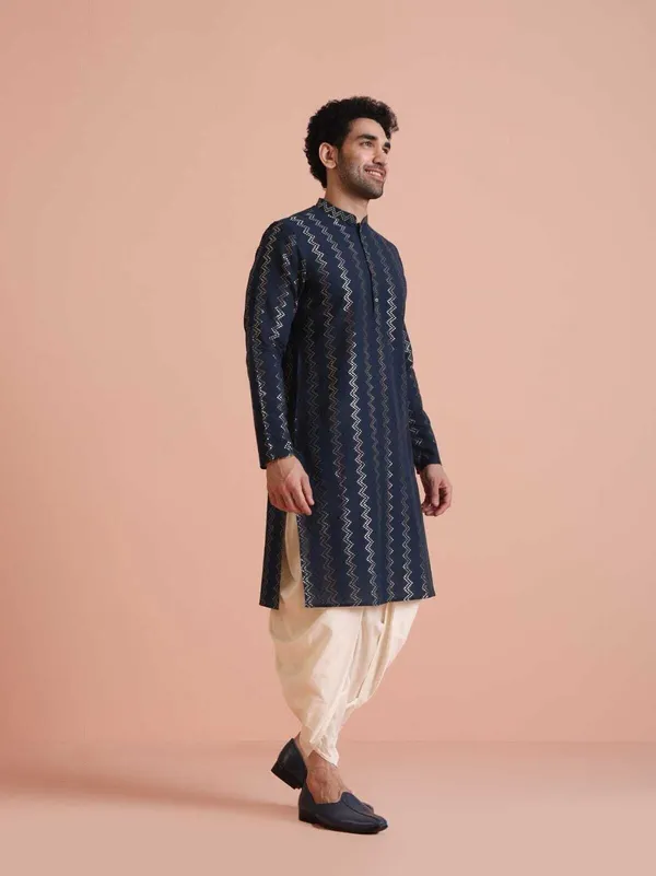 Dark_Blue_Cotton_Blend_Printed_A-Line_Kurta_For_Men