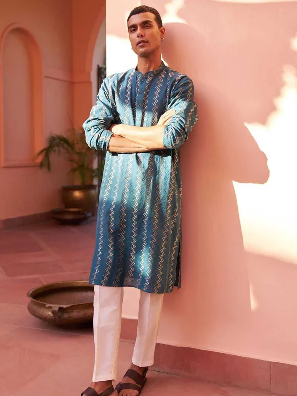 Dark_Blue_Cotton_Blend_Printed_A-Line_Kurta_For_Men