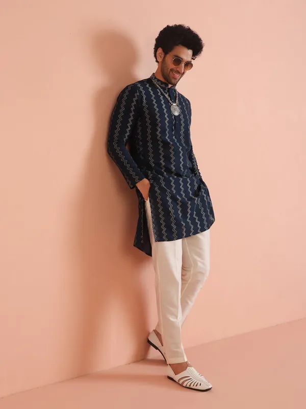 Dark_Blue_Cotton_Blend_Printed_A-Line_Kurta_For_Men