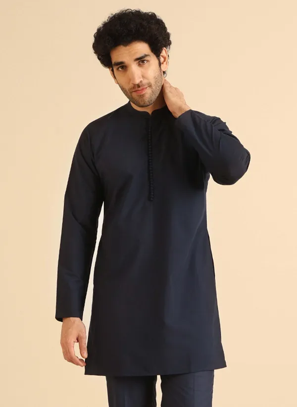 Blue_Cotton_Blend_Solid_A-Line_Kurta_For_Men