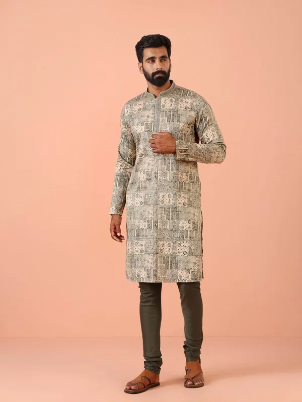 Grey_Cotton_Blend_Printed_A-Line_Kurta_For_Men