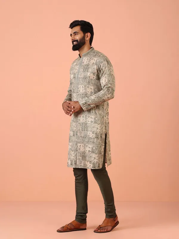 Grey_Cotton_Blend_Printed_A-Line_Kurta_For_Men