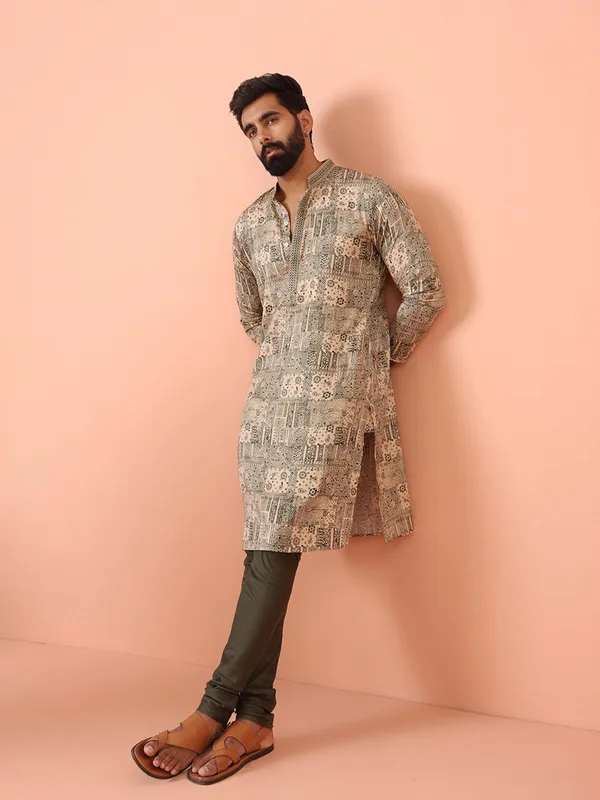 Grey_Cotton_Blend_Printed_A-Line_Kurta_For_Men