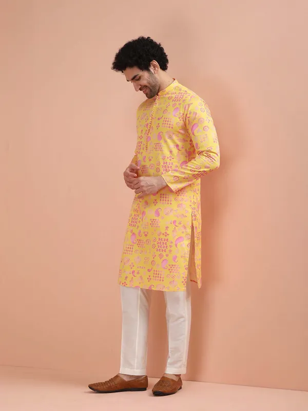 Yellow_Cotton_Rayon_Printed_A-Line_Kurta_For_Men
