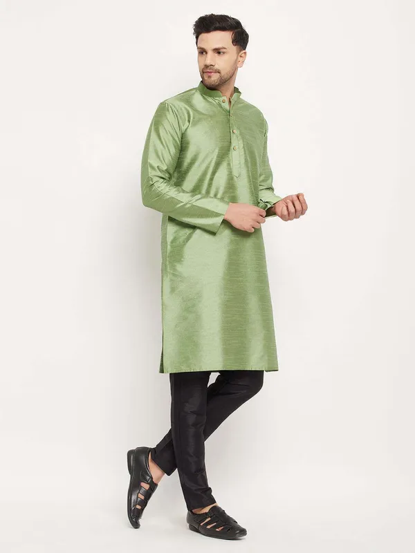 Light_Green_Cotton_Silk_Solid_A-Line_Kurta_For_Men