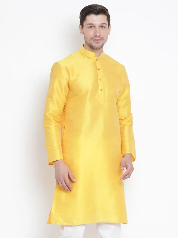 Yellow_Cotton_Silk_Solid_A-Line_Kurta_For_Men