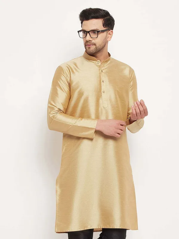 Gold_Cotton_Silk_Solid_A-Line_Kurta_For_Men