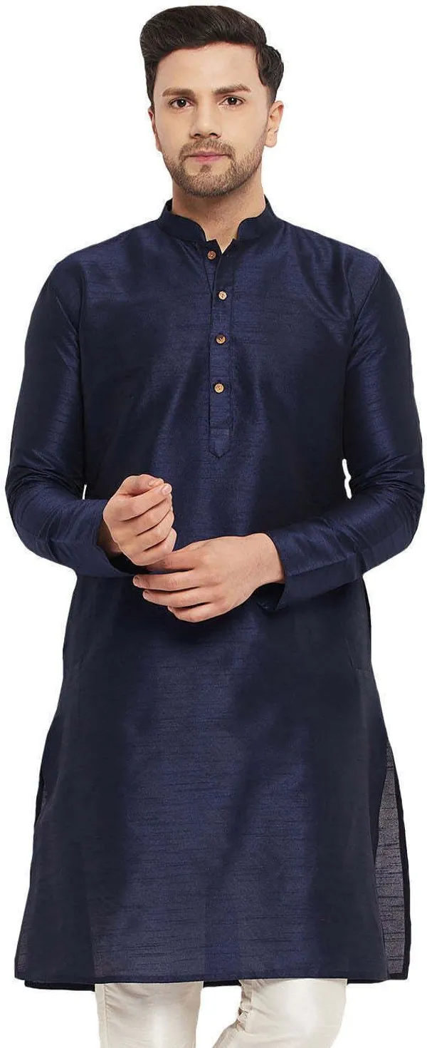 Dark_Blue_Cotton_Silk_Solid_A-Line_Kurta_For_Men
