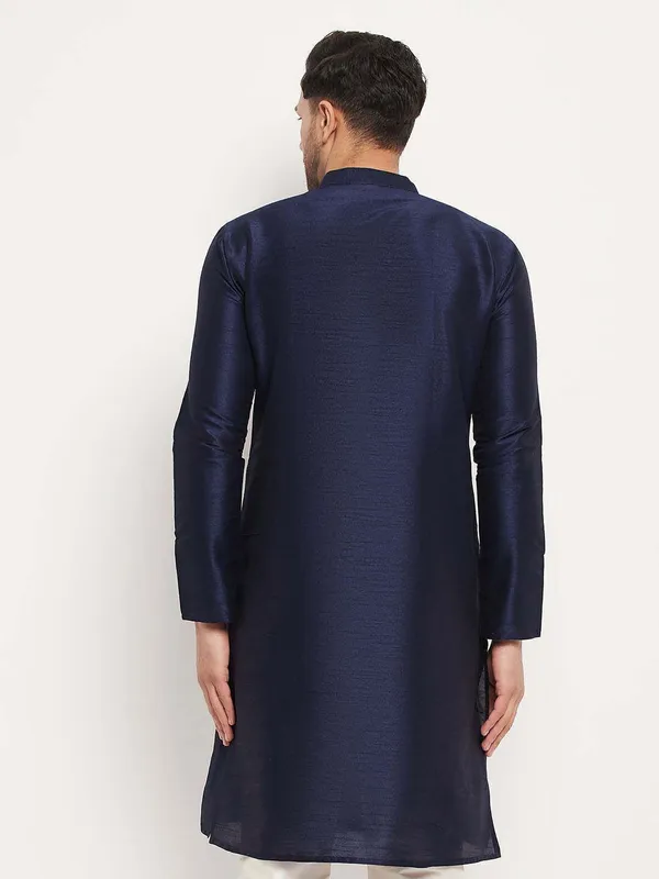 Dark_Blue_Cotton_Silk_Solid_A-Line_Kurta_For_Men