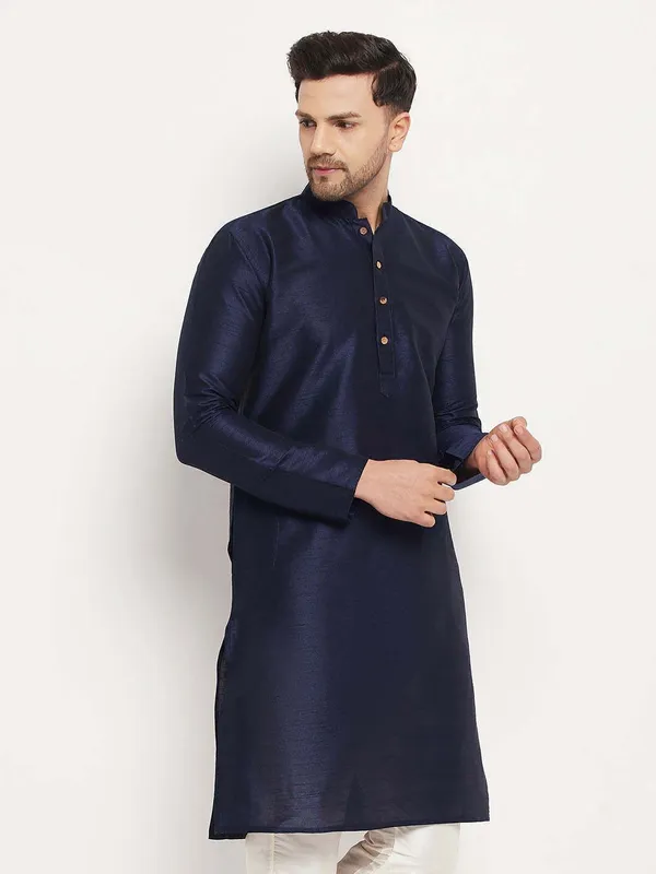 Dark_Blue_Cotton_Silk_Solid_A-Line_Kurta_For_Men