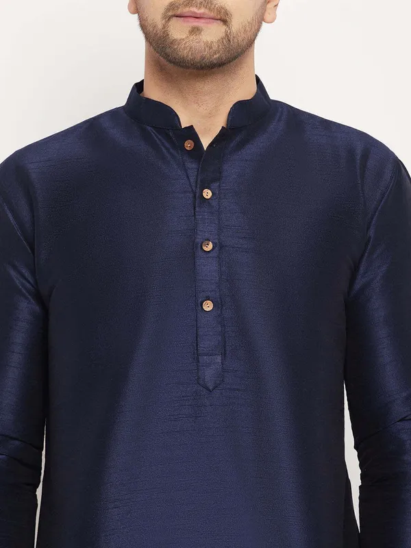 Dark_Blue_Cotton_Silk_Solid_A-Line_Kurta_For_Men