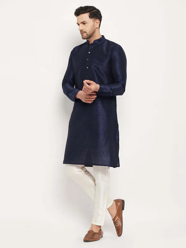 Dark_Blue_Cotton_Silk_Solid_A-Line_Kurta_For_Men