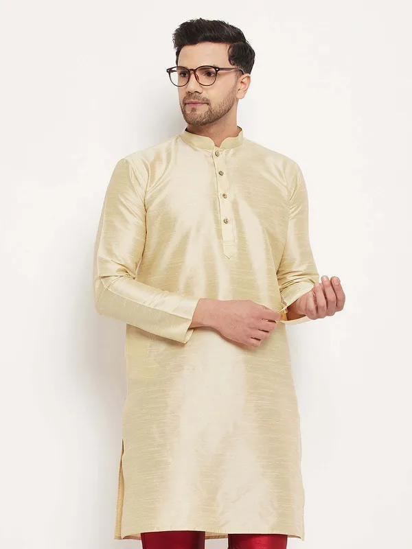 Beige_Cotton_Silk_Solid_A-Line_Kurta_For_Men