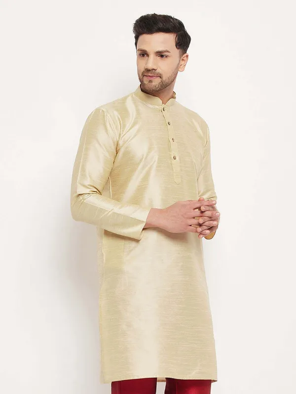 Beige_Cotton_Silk_Solid_A-Line_Kurta_For_Men
