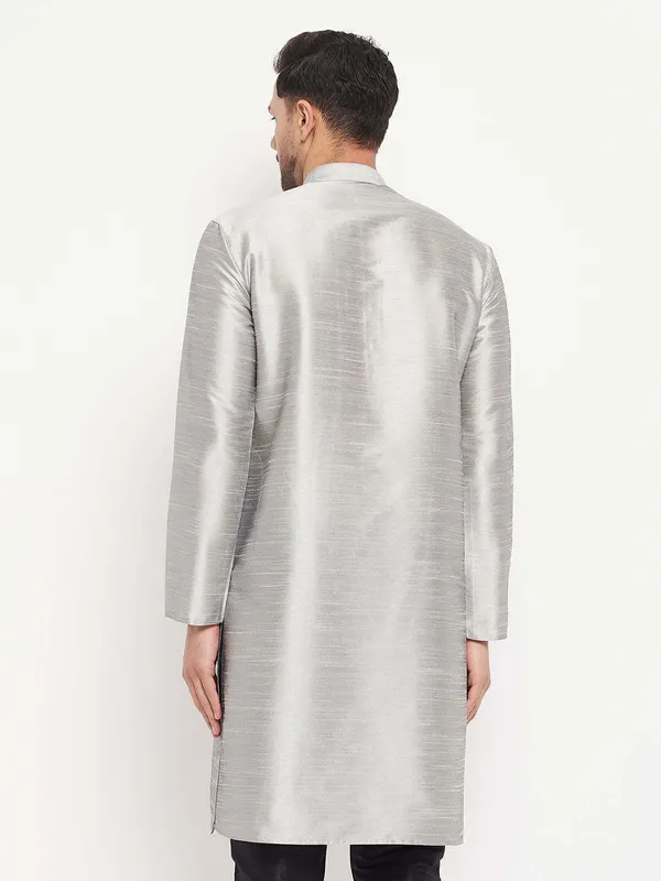 Silver_Cotton_Silk_Solid_A-Line_Kurta_For_Men