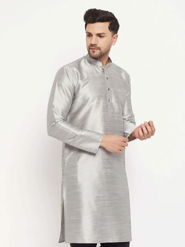 Silver_Cotton_Silk_Solid_A-Line_Kurta_For_Men