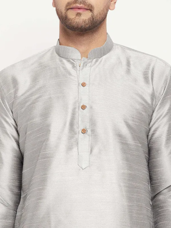 Silver_Cotton_Silk_Solid_A-Line_Kurta_For_Men