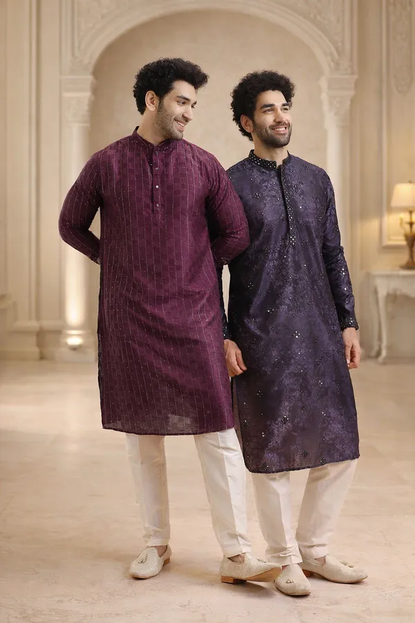 Dark_Blue_Silk_Blend_Printed_A-Line_Kurta_And_Purple_Silk_Blend_Printed_A-Line_Kurta_For_Men_(Pack_Of_2)