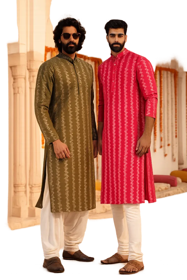 Pink_Cotton_Blend_Printed_A-Line_Kurta_And_Olive_Green_Cotton_Blend_Printed_A-Line_Kurta_For_Men_(Pack_Of_2)